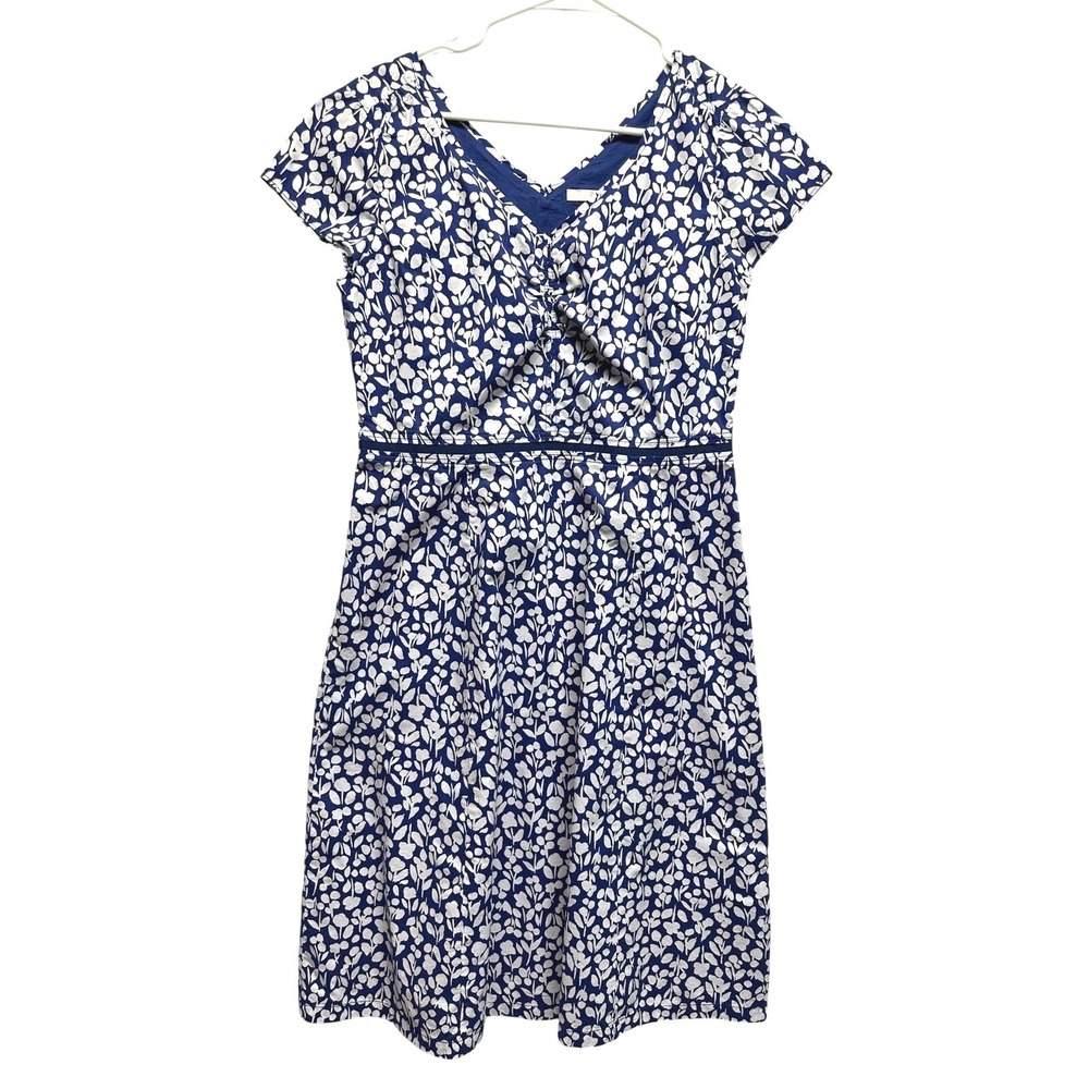 Boden Blue White Floral V-Neck Fit & Flare Dress Cap Sleeve Grosgrain Waist 10